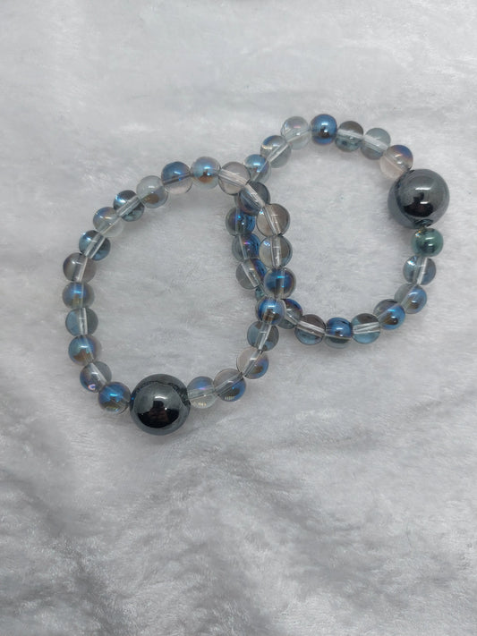 Quartz and Blue Grey Glass Beaded Acupressure Bracelet set - 1118Markets