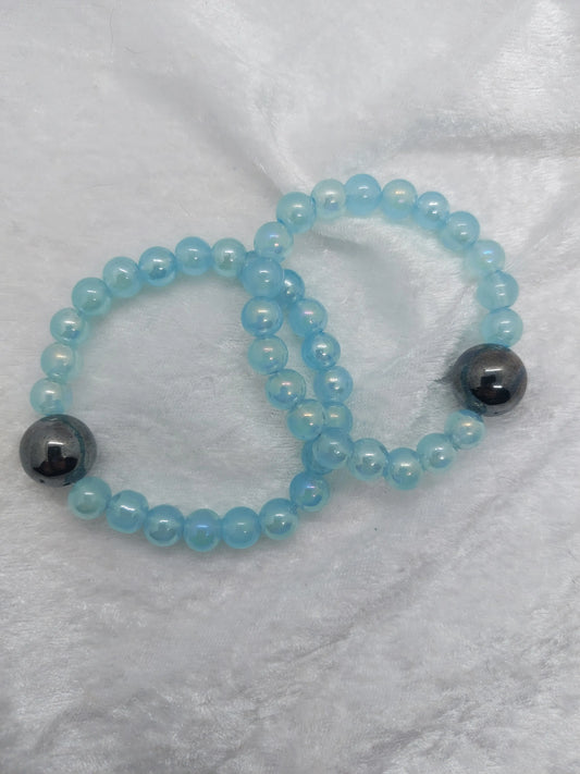 Hematite and Light Baby Blue Glass Beaded Acupressure Bracelet set - 1118Markets