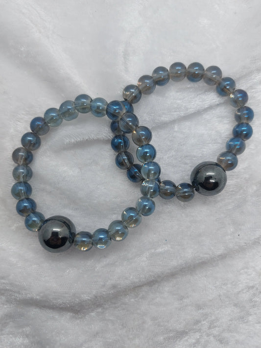 Hematite and Dark Blue Grey Glass Beaded Acupressure Bracelet set - 1118Markets