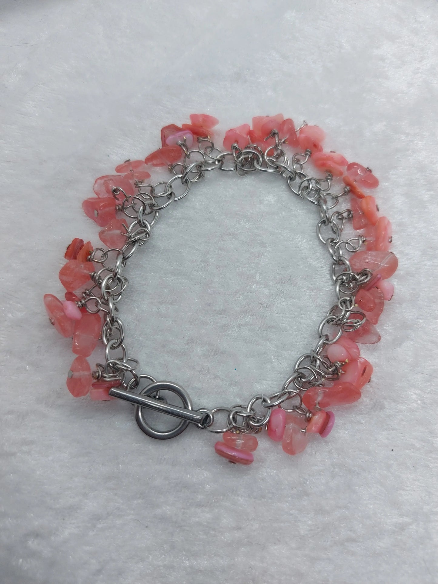 Strawberry Quartz Gemstone Pink Coral Chip Handmade Dangle Charm Style Stainless Steel Bracelet - 1118Markets