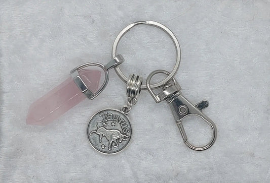 Taurus Rose Quartz Gemstone Crystal Keychain Silver - 1118Markets