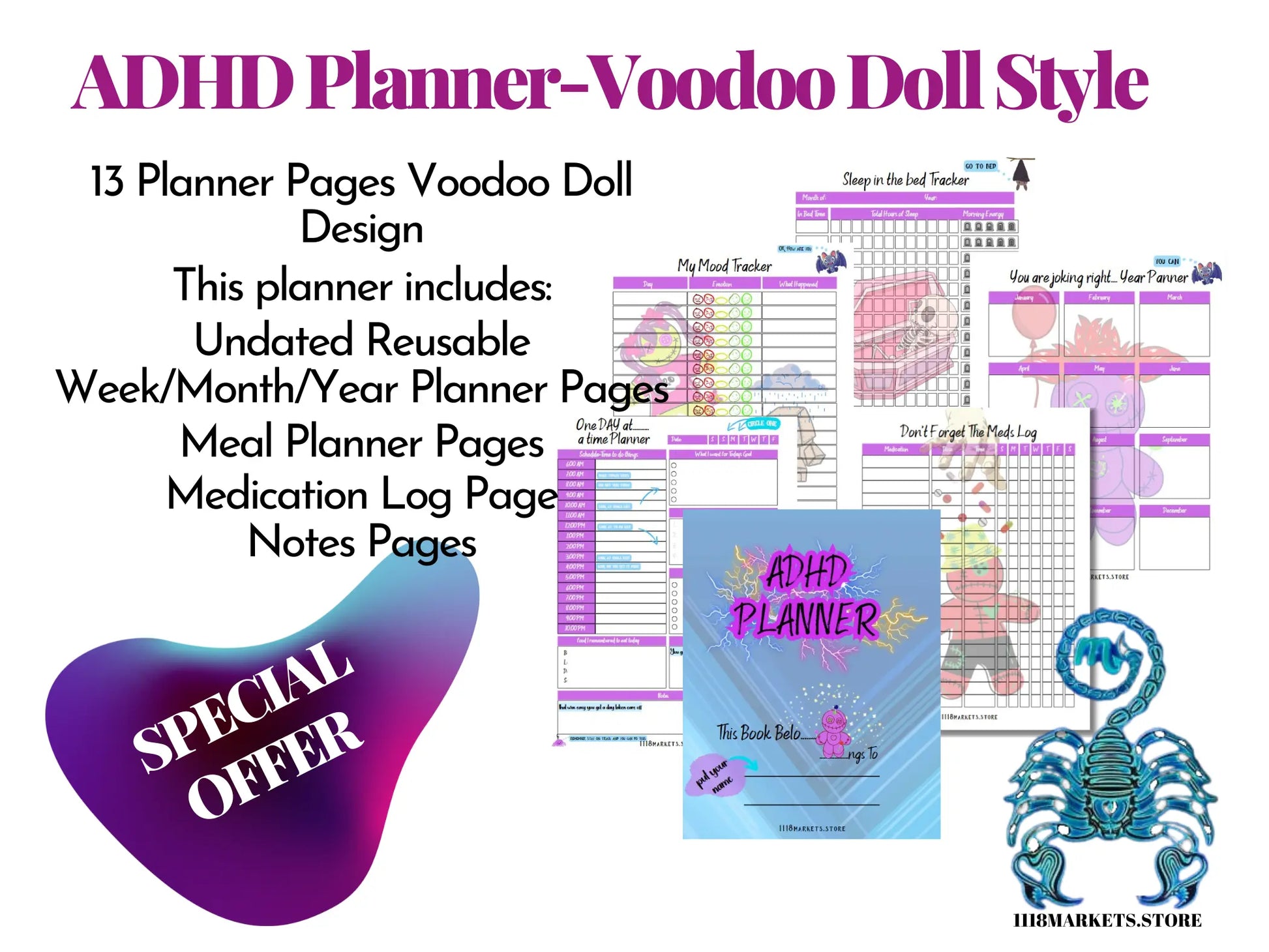 Voodoo Doll Style ADHD Printable Planner 1118Markets