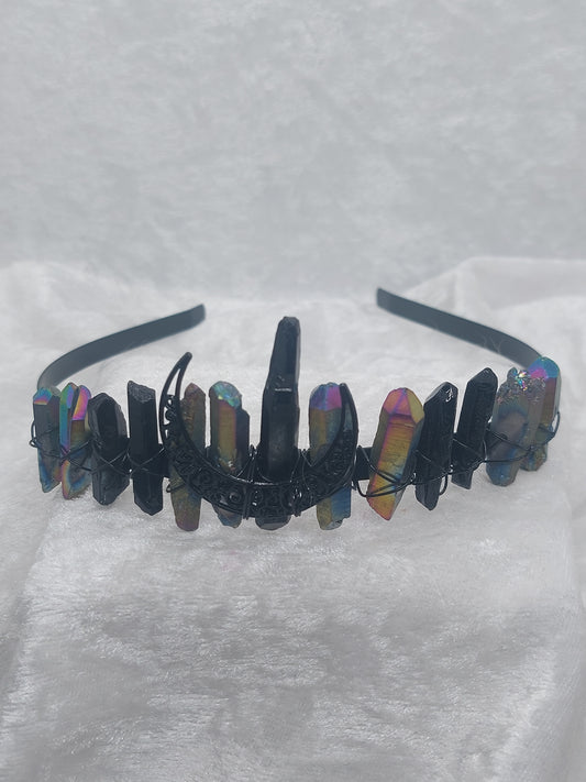 Black and Rainbow quartz crystal crown