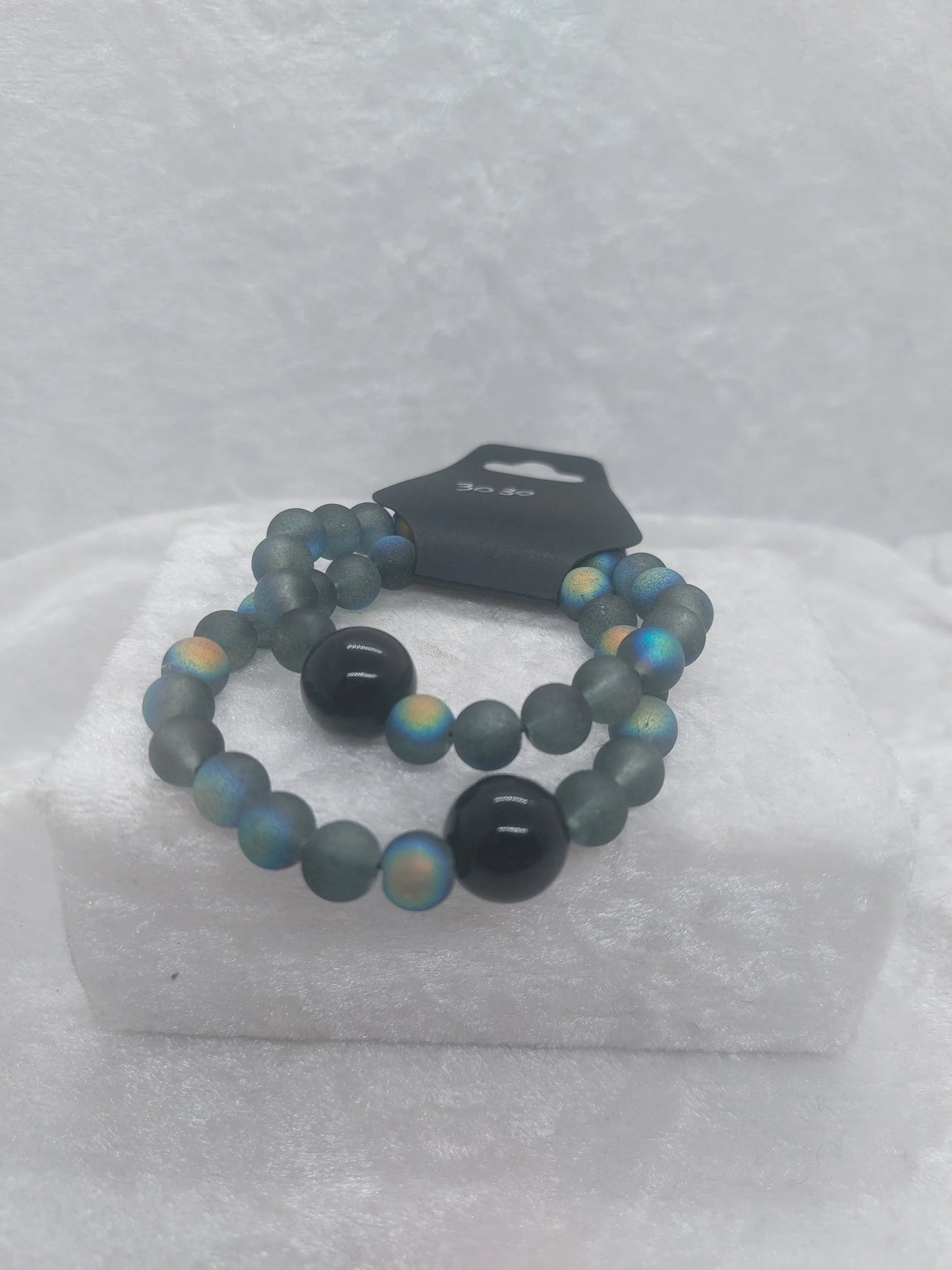 Obsidian and Matte Black with Iridescent Spots Glass Beaded Acupressure Bracelet 1118Markets